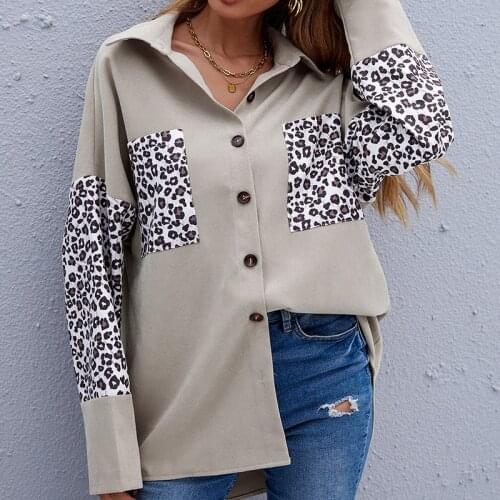 CARDE HOMES Autumn 2021 New Long Sleeves Single Breasted Women Shirt Splicing Leopard Cardigan Turn-down Collar Loose Coat