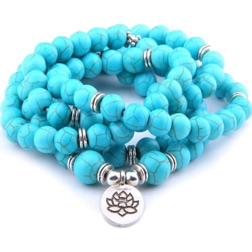 High Quatity Natural Turquoises Stone Charm OM Bracelet Women Men 108 Mala Yoga lotus Jewelry Necklace Pulseras Dropshipping