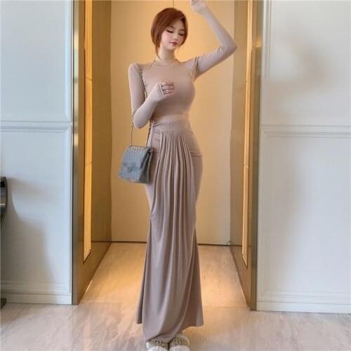 Real Shot 2020 New Fashion Temperament Womens Ladies Long Sleeve Top + High Waist Fishtail Skirt 2-Piece Set