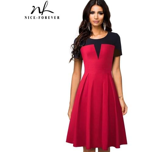 Nice-forever Summer Women Classic Contrast Color Patchwork Dresses Cocktail Weding Party Elegant Flare Swing Dress A088