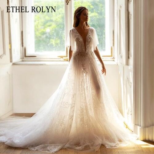 ETHEL ROLYN A-Line Wedding Dress 2021 Delicate Beading Flowers V-Neck Bride Backless Lace Appliques Sparkling Tulle Bridal Gown