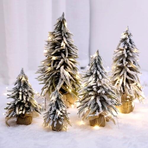 10pcs Christmas Creative Ornaments Mini Snow Fir Christmas Tree Burlap Flocking Snow Scene Desktop Decoration Artificial Tree