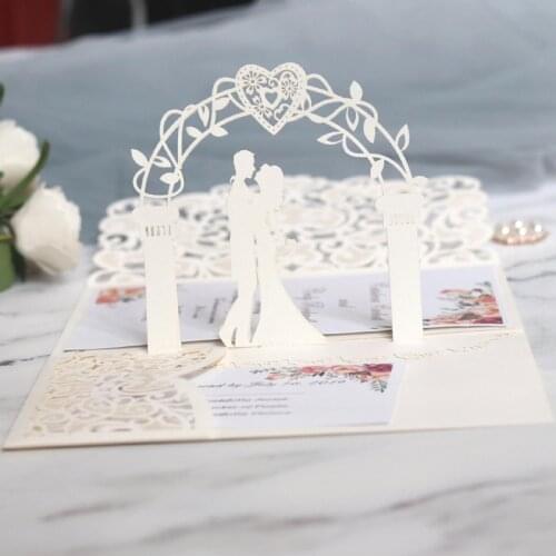 10 pieces/lot) 3D Pop Up Bride And Groom White Wedding Invitation Card Laser Cut Pocket Floral Engagement Invitations IC052
