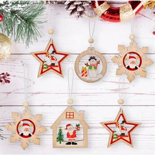 12pcs Merry Christmas Wooden Santa Claus Snowflake Pendant Ornament Christmas Decorations for Home Navidad 2022 New Year Gifts