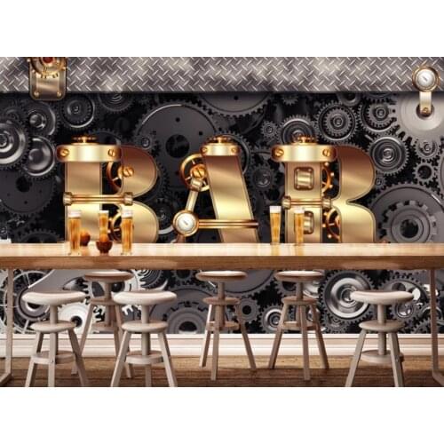 3D European style Industrial wind metal letter mechanical gear 3D bar background wall 3d wallpaper
