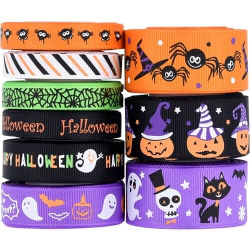 9pcs/set 5yards (10mm/20mm/25mm) Halloween Theme Ribbon Ghost Pumpkin Printed Grosgrain Tape Diy Hair Bows Festival Decoration