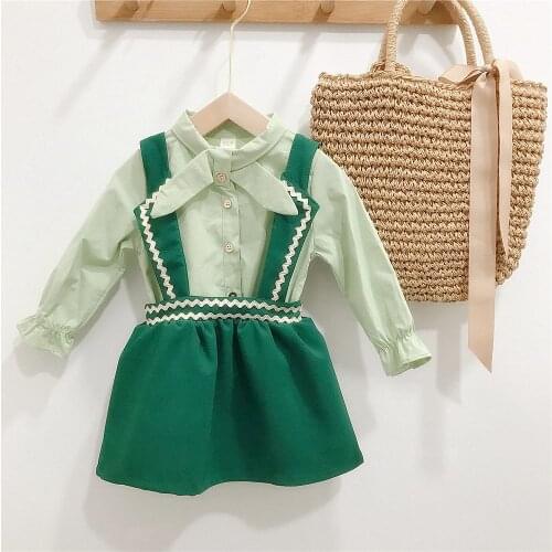 Baby2021 Spring Girls Preppy Princess Clothes Set Kids Children Long Sleeve Tops Shirt+Embroidery Overall Dress 2PCS Suit S11995