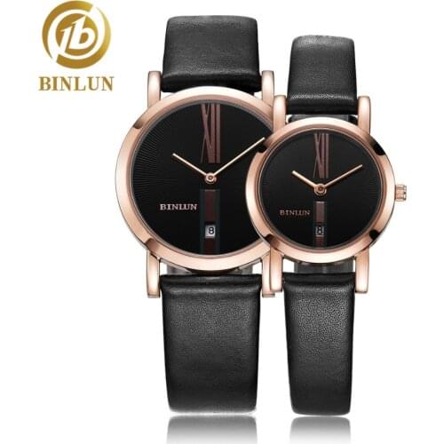 BINLUN Rose Gold Minimalist Quartz Couple Watches Genuine Leather Quartz Watch Auto Date Couple Automatic Watch Gifts For Lovers