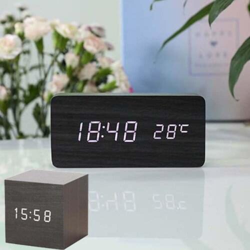 Alarm Clock LED Wooden Table Voice Control Digital Wood Despertador USB/AAA Powered Electronic Desktop Clocks Table Decor