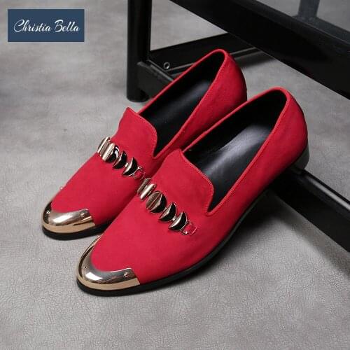 Christia Bella New Fashion Suede Leather Men Loafers Large Size Chain Slip on Round Metal Toe Formal Party Men Dress Shoes