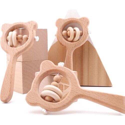 3Pc Baby Rattle Toys Custom Logo Beech Teething Wooden Ring Customized Baby Music Rattles Montessori Early Educational Toy Gifts