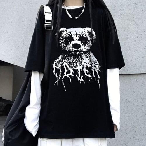 Scary Bear Graphic O-neck Cotton Fake Two-piece long-sleeved T-shirt KPOP Goth Punk Aesthetic Women Top Y2K Hip hop streetwear