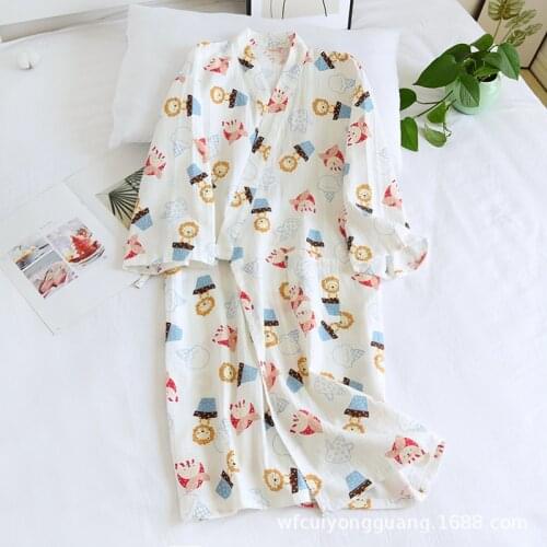 Summer Japanese Kimono Robe 100% Cotton Three Quarter Bathrobe Lion Print Loose Breathable Thin V-neck Home Sleep Tops 2021