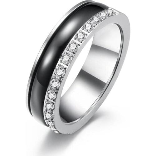 INSCHIC High Quality Black Simple Black And White Finger Rings For Man Stainless Steel Cubic Zircon Stones Anniversary Jewelry