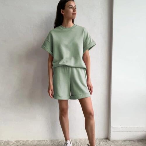 Summer Cotton Sets Women shorts Casual Two Pieces Short Sleeve T Shirts and High Waist Short Pants Solid Outfits Women Tracksuit
