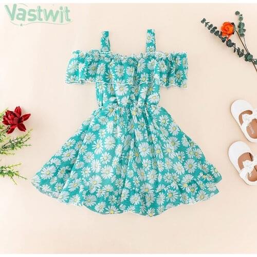 Summer Toddler Baby Girl Floral Print Off-Shoulder Ruffle Sling Chiffon Dress Kids Girls Princess Evening Party Dresses 2 3 4 6Y