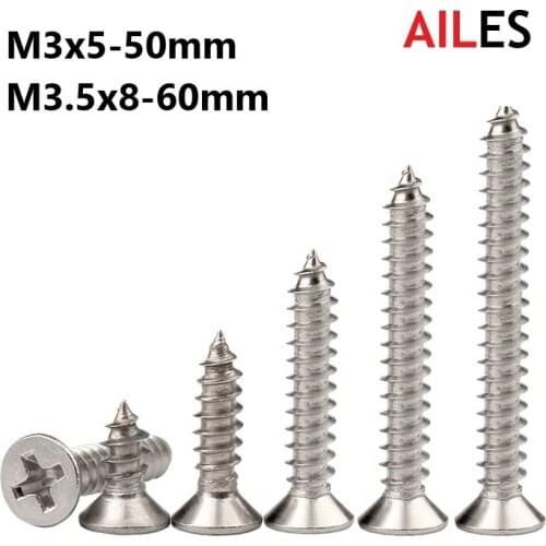 M3 M3.5 Cross Recessed Flat Head Self Tapping Screws 304 Stainless Steel Phillips Machine Bolts 5 6 8 10 12 16 20 30 40 50 60mm