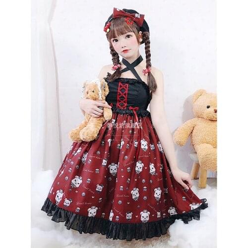 Sweet japanese princess lolita strap dress vintage falbala high waist printing victorian dress kawaii girl gothic lolita loli