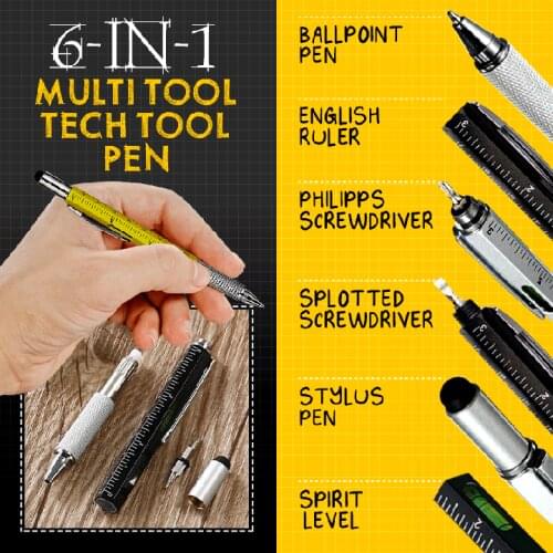 6 in 1 Multitool Tech Tool Pen with Ruler, Levelgauge,Touch Screen Pen Flat/ Cross Screwdriver Combination Ballpoint Pen Stylus