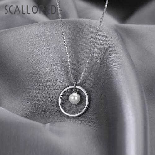 SCALLOPED Trendy Round Pearl Necklace Circle Pendant Fashion Brand Design Box Clavicle Chain Women Statement Jewelry