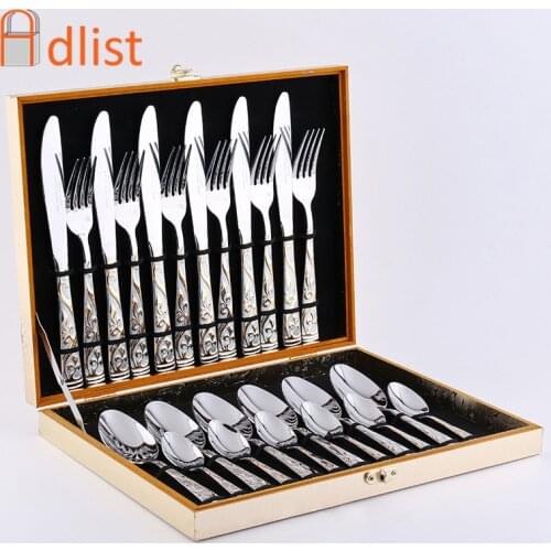 24pcs Stainless steel Tableware Gold Cutlery Dinner set Golden Plated Dinnerware Western Food Steak Knife Fork Teaspoon Giftbox