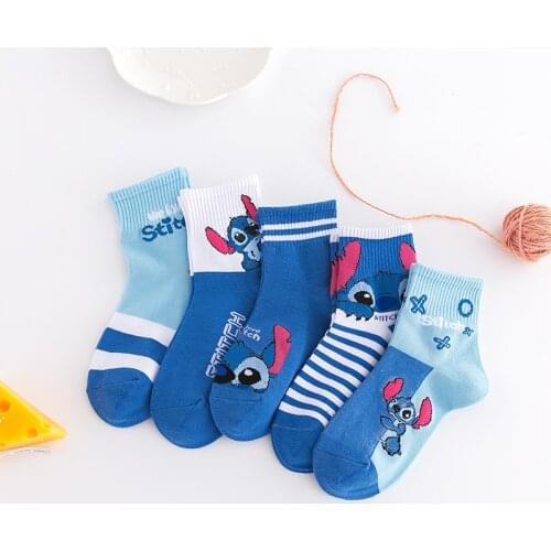 5 Pairs/lot Socks Disney Stitch Anime Cartoon Childrens Socks Stitch Baby Sock for Girls Boys Cute Autumn Winter Sock 2-12Y