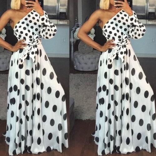 2021 European and American new style womens dress one-shoulder sleeve polka-dot slim long dress