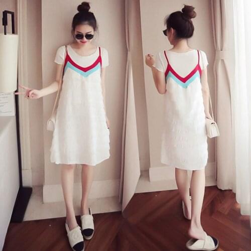 Maternity Clothes Short Sleeve T-Shirt And Ruffles Slip Dress Color Block Loose Stylish Dress for Pregnant Women Mom Dress