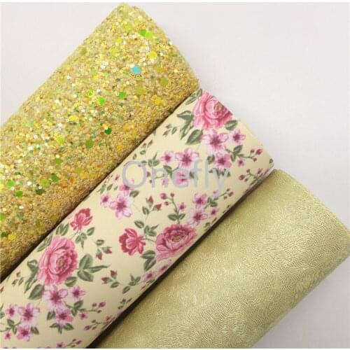 Onefly 21X29CM Yellow Glitter Leather, Flowers Printed Faux Leather Fabric Sheets For Bow DIY handbags shoes AQ037