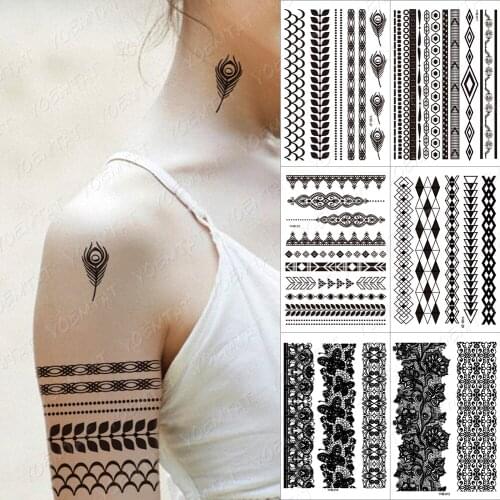 Black ink Waterproof temporary Tattoo stickers india Henna Tatto Jewel Lace Flower Bride Tatoo Mandala body art fashion taty