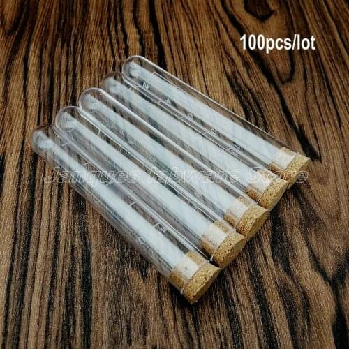 100pcs 16x100mm Transparent Plastic Test Tube with Cork Stopper U-Shape Bottom Wedding Favours Spice Vial with Scale