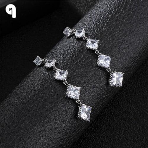 QM Exquisit 18K Gold Silver Plated Square Tassel Drop Earrings for Women AAA Cubic Zirconia Earring Jewelry Party Girl Gifts