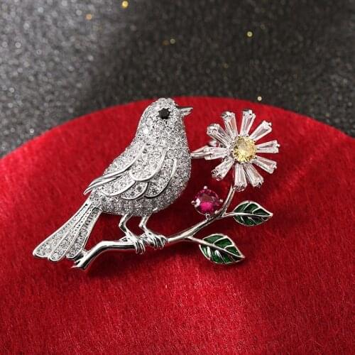 Luxury Zircon Birds on Branch Brooches for Women Men Crystal Flower Green Leaves Enamel Pin Collar Brooch Pins Animal Jewelry