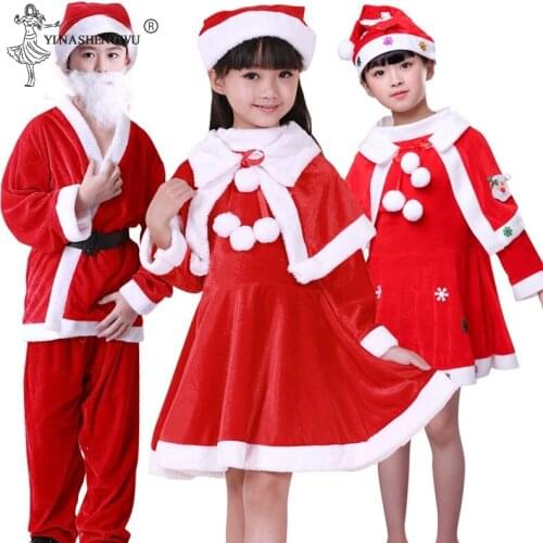 Christmas Clothes For Children Girl Costume Party Dresses + Shawl + Hat Holding Gold Velet Red Dress Set 2-4 Pieces Set 6 Pieces