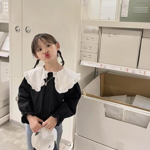 2021 fall girls' retro contrast color lotus leaf doll collar long sleeve shirt childrens casual top lolita blouse