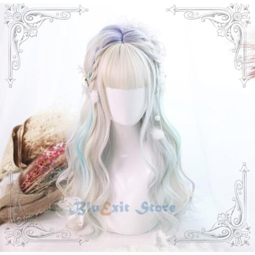 Mixed Beige Blue Purple Pink Lolita Wig Harajuku Fairy Cosplay Bangs Curly Body Wave Long Candy Sweet Fringe Adult Girls Hair