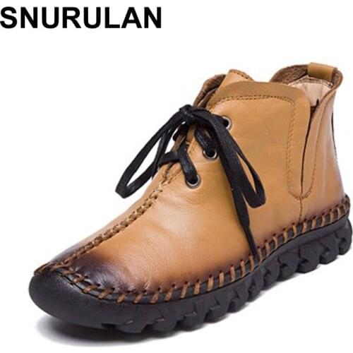 SNURULAN New women Genuine Leather Boots Vintage Style Flat Booties Soft Cowhide Womens Shoes side Zip Ankle Boots zapatos muje