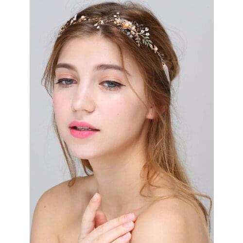 Bridal Pearls Hair Jewelry Gold Flower Leaf Headpiece Wedding Headband Hair Vine Women Accessories