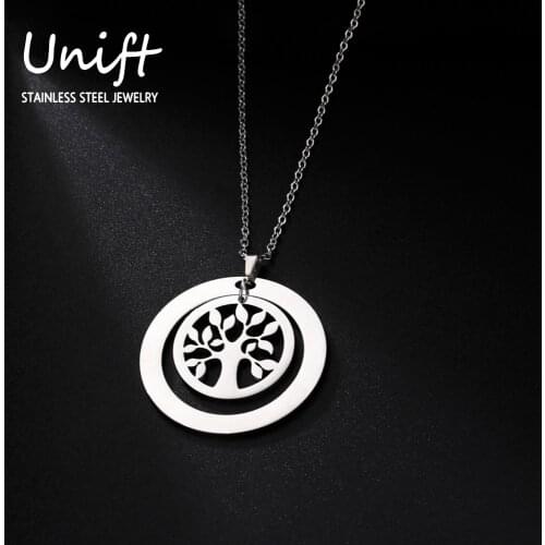 Unift Round Stainless Steel Necklace for Women Men Hollow Plant Leaf Life of Tree Necklace Vintage Jewelry Gifts for Friend