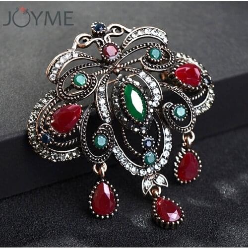 Vintage Egyptian Women Resin Simulated Crystal Flower Brooch Pin with Pendant Turkish Jewelry Bridal Wedding Ethnic Corsage