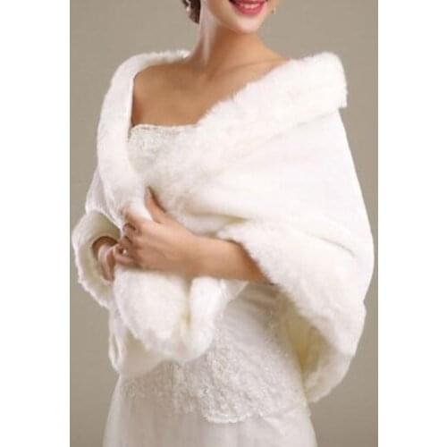 Womens Wedding Shawl Faux Fur Winter Bridal Cape Shrug Bolero White Ivory Evening Dress Coat