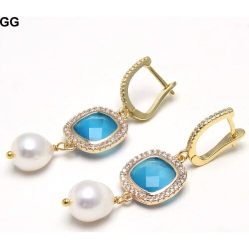 GG Jewelry Natural Cultured White Rice Pearl Cz Bezel Set Blue Crystal Lever back Dangle Earrings For Women