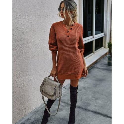 Womens Knitted Sweaters and Dresses Fashion Gray Black Apricot Brick Red Solid Color Sweater