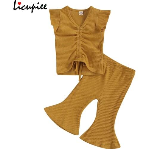 1-3 Years Kids Baby Girls Fashion 2-piece Outfit Set Fly Sleeve Solid Color Crop Top+flared Pants Set