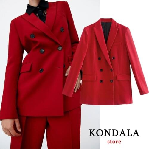 KONDALA Za 2021 Women Chic Red Office Lady Blazer Long Sleeve V Neck Double Breasted Bussiness Jackets Fashion Autumn Outwear