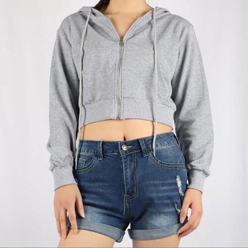 Women Zip Up Hoodies Crop Top 2021 Spring Autumn Long Sleeve Solid Color Drawstring Classic Fit Sweatshirts Jacket Top S-XL