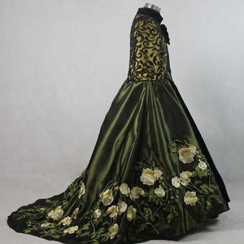 Luxury flower embroidery green&black long medieval dress Renaissance costume Victorian Gothic Lol/Marie Antoinette Belle Ball