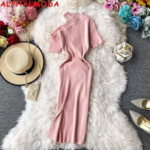 ALPHALMODA 2020 Summer Off-shoulder Solid Short-sleeved Knit Dress Women Sexy Vintage Slim Knit Dress