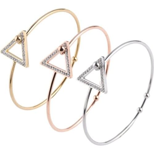 100% Stainless Steel Wire Open Bangles For Women Metal Zircon Iced Out Triangle Ajustable Babgle Wholesale 10pcs