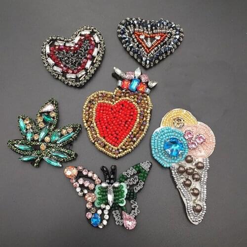 3D Handmade Rhinestone Beaded Patches HEART LOVE Sew on Ice Cream Crystal Patch for Clothing Beading Applique Cute Patch